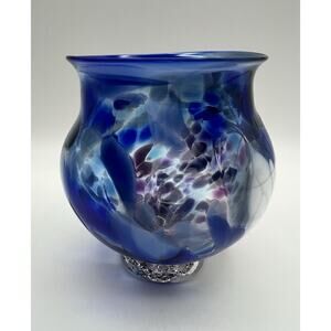Oregon Coast Taft Hand Blown Art Glass Candle Votive Rose Bowl Vase 5” Blue Pink